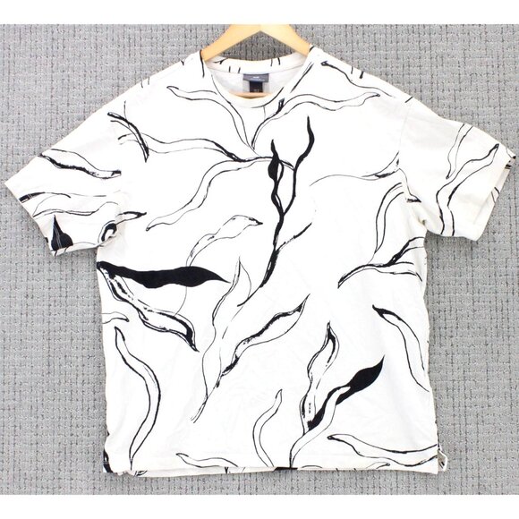 H&M Shirt Mens Medium M Off White Short Sleeve Crewneck Floral Graphic Art - Picture 1 of 9